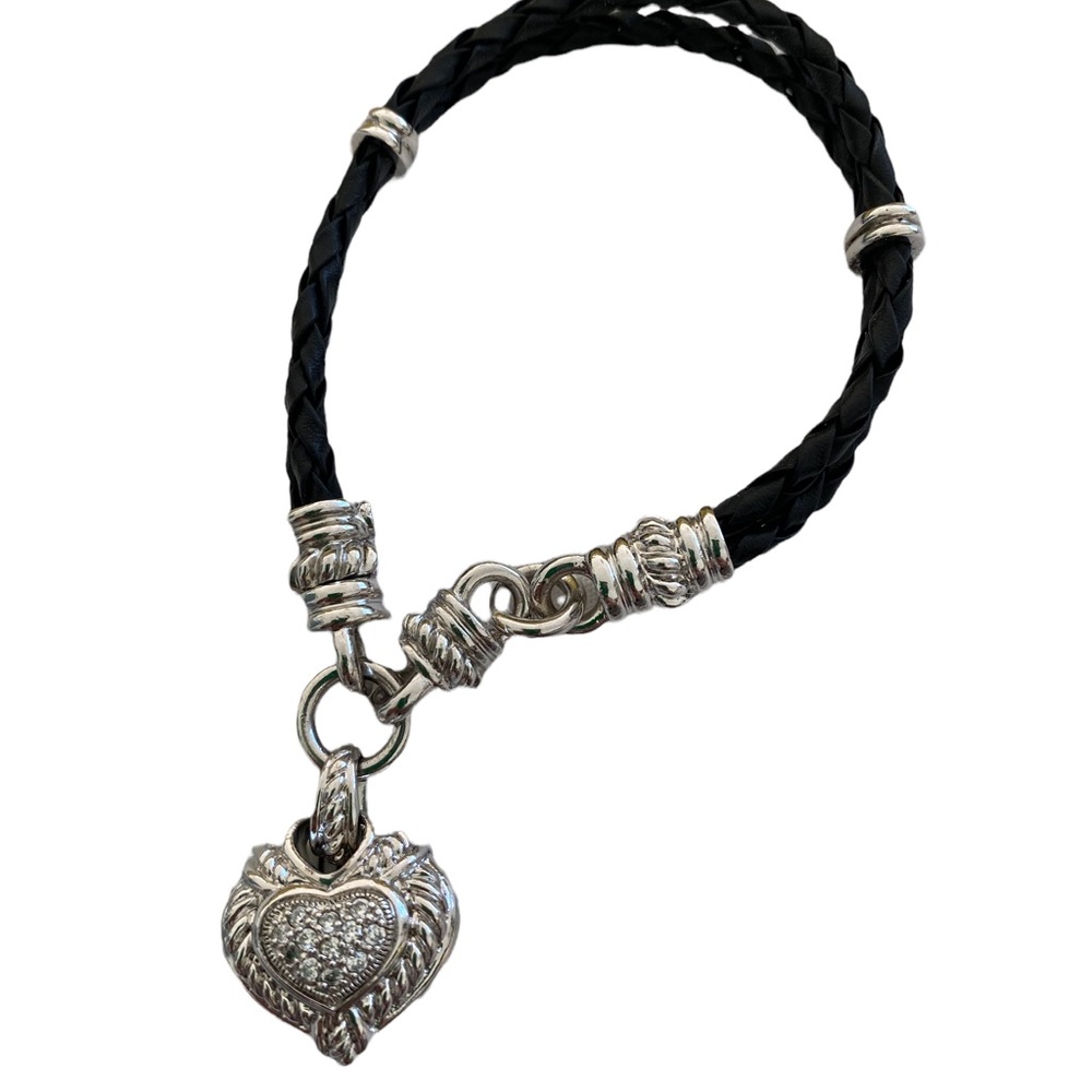 JUDITH RIPKA Sterling Silver and Black Leather Heart Bracelet